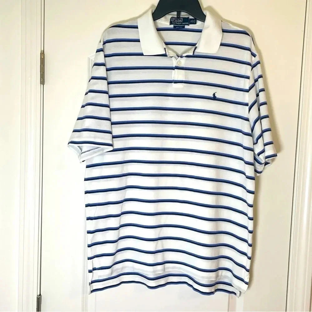 Polo Ralph Lauren White W/Blue Stripes Golf Fit Short Sleeve Polo Shirt -Size XL